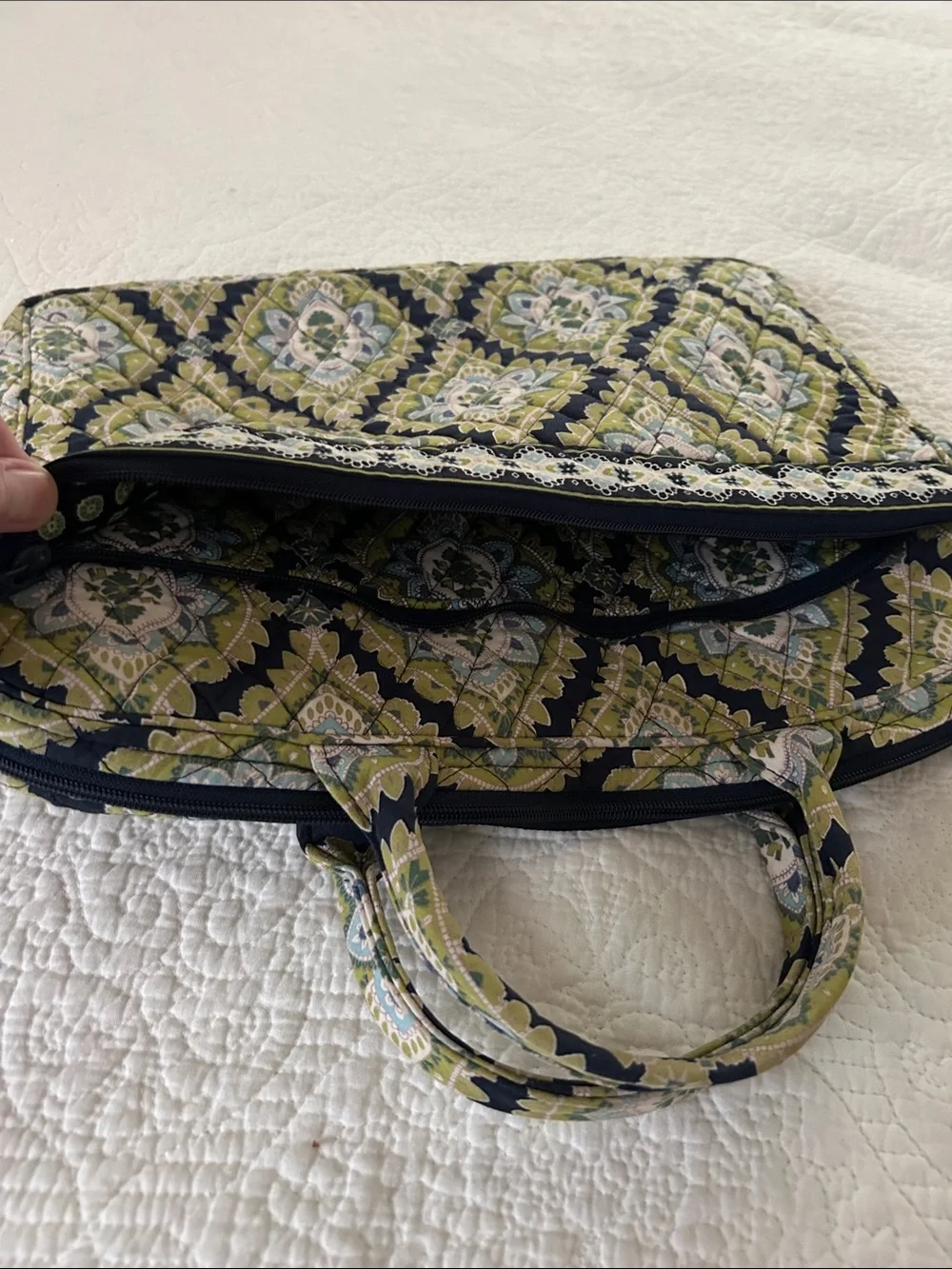 Vera Bradley Quilted Laptop Tote in Olive, Navy and Cream